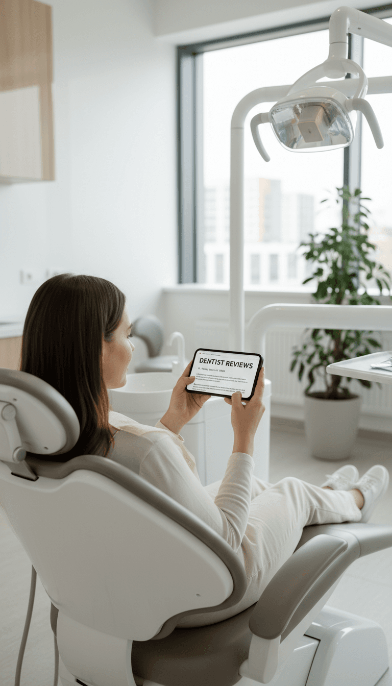 Dental patient reading online reviews on a smartphone in a modern clinic