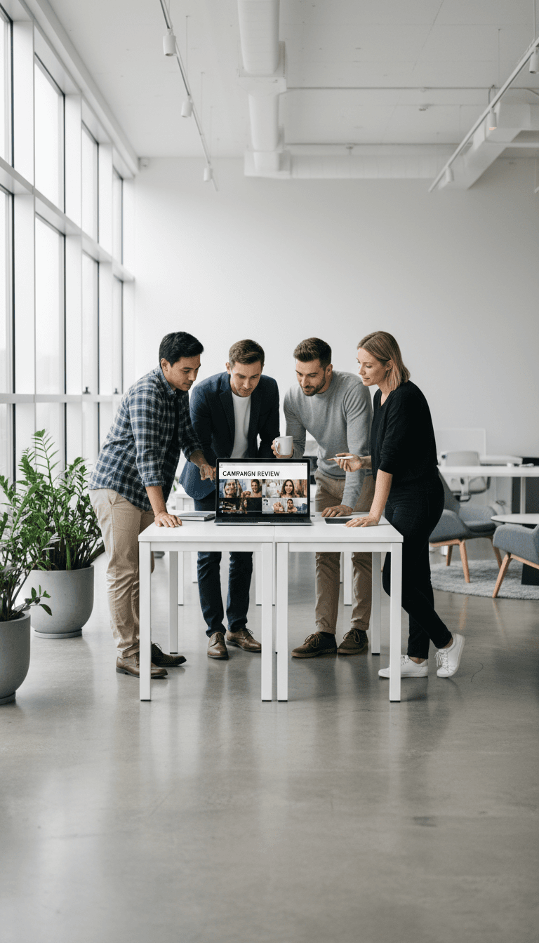 Marketing team reviewing video content on a laptop in a bright modern office