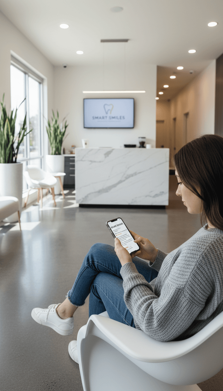 Dental patient reading online reviews on a smartphone in a modern clinic