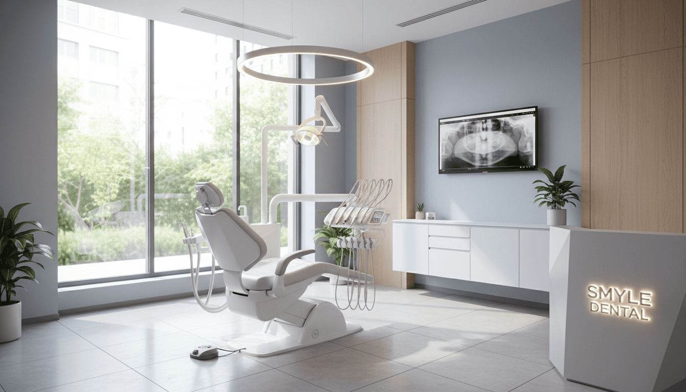 Bright modern dental practice treatment room with dental chair and equipment